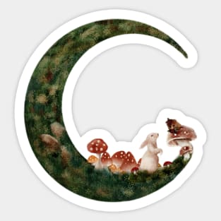 Spring Moon Cottagecore water color Mushrooms Forest White Rabbit and Baby Mouse Sticker